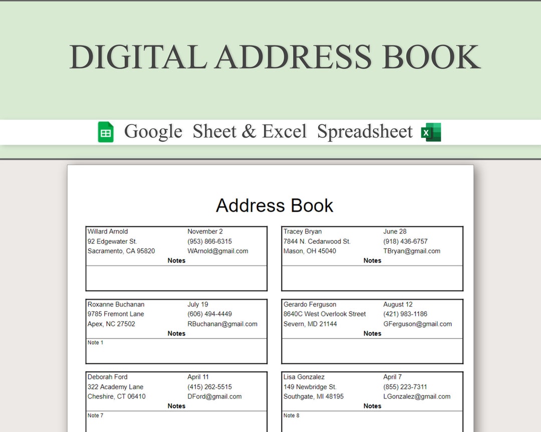Digital Address Book Google Sheet Printable Address Book Template Excel Etsy