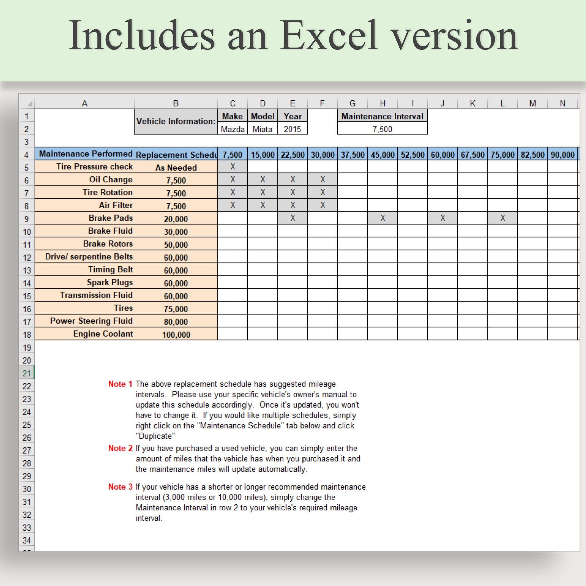 Printable Car Maintenance Log Google Sheet Auto Repair Tracker ...