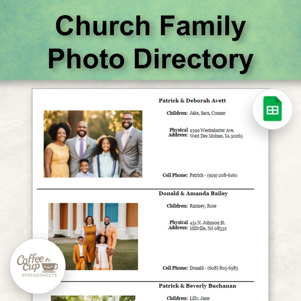 Church Photo Directory Google Sheet - With Birthday and Anniversary List