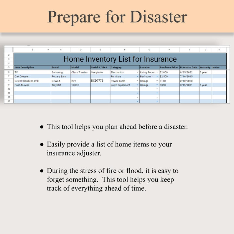 Home Insurance Inventory List Google Sheet and Excel Digital Personal