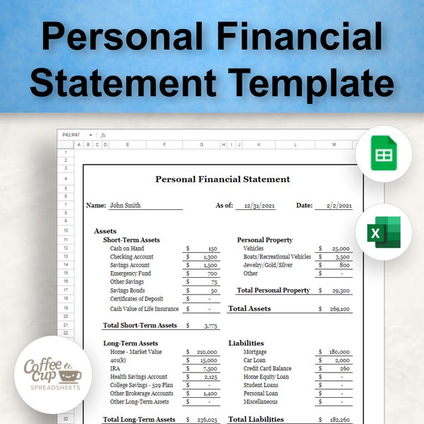 Personal Financial Statement Google Sheet and Excel Spreadsheet Template