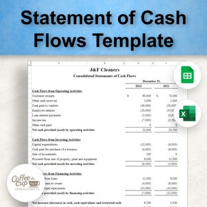May include: A statement of cash flows template for J&F Cleaners, showing a breakdown of cash flows from operating, investing, and financing activities for the years 2021 and 2022.