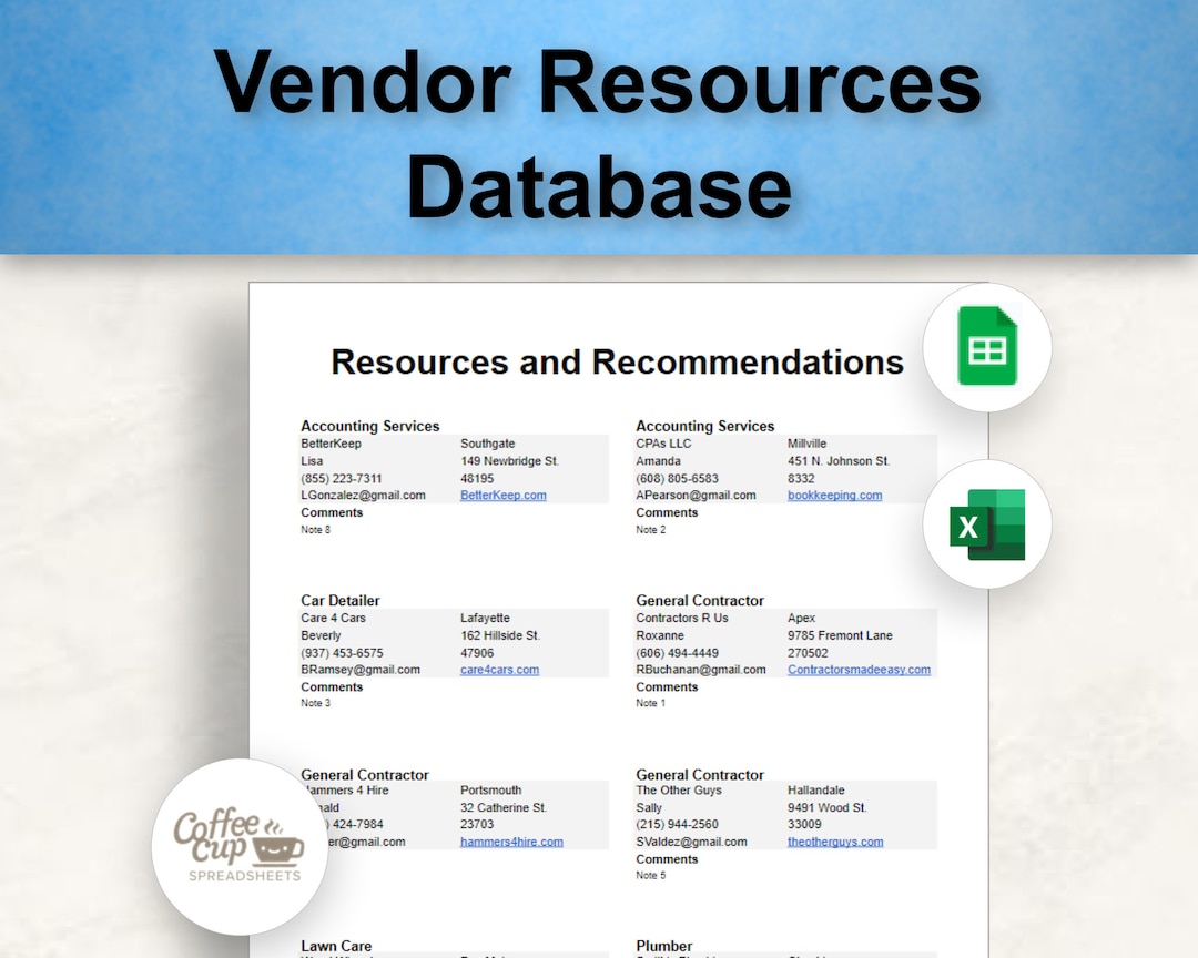 Vendor Contact List Google Sheet and Excel Template Database - Etsy