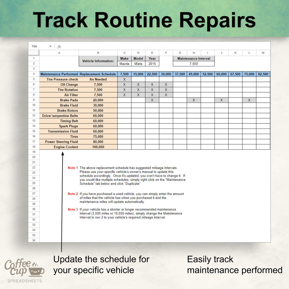 Printable Car Maintenance Log Google Sheet | Auto Repair Tracker Spreadsheet | Vehicle ...