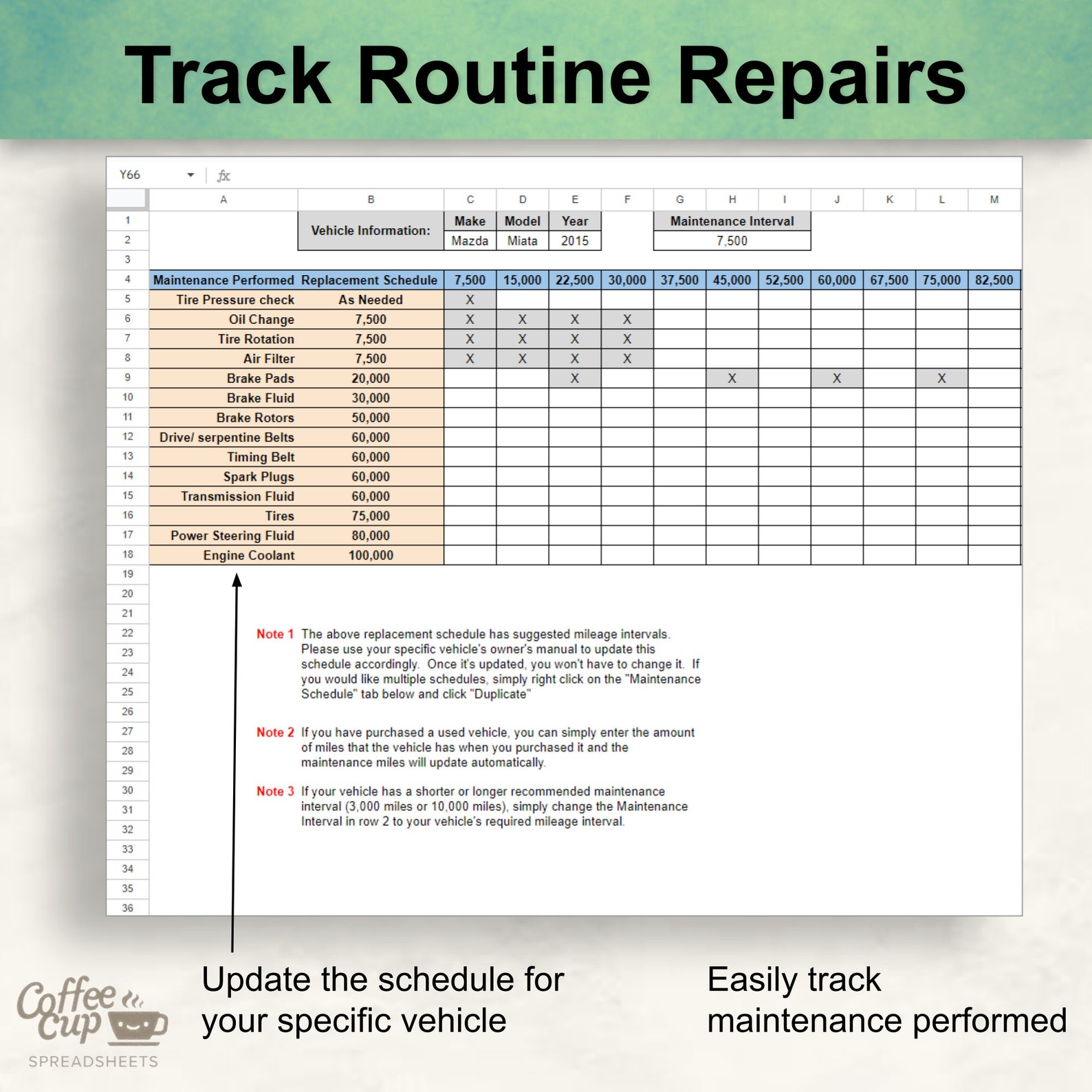 Printable Car Maintenance Log Google Sheet | Auto Repair Tracker ...