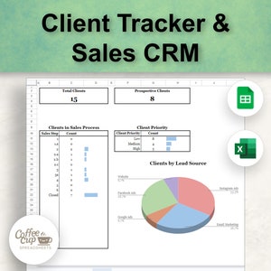 May include: A spreadsheet with a blue, green, and white color scheme. The spreadsheet is titled "Client Tracker & Sales CRM". The spreadsheet includes a chart showing the number of clients by lead source. The chart shows that the majority of clients come from email marketing.