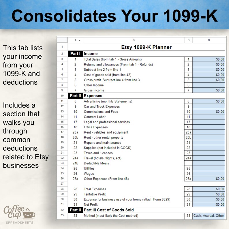 Etsy 1099K Annual Tax Planner Etsy Gross and Expense Tracker