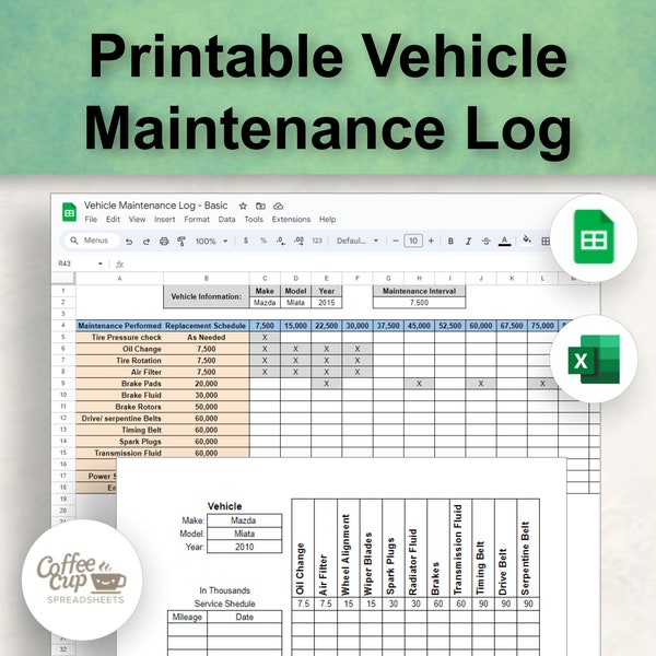 Printable Car Maintenance Log Google Sheet  | Auto Repair Tracker Spreadsheet | Vehicle Maintenance Log | Fleet Manager Excel