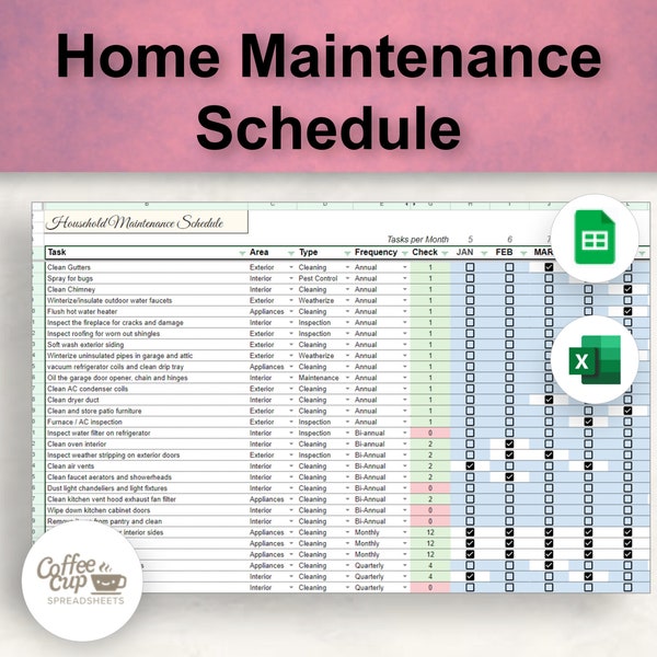 Home Wartung Tracker Excel und Google Sheet - Checkliste für die wiederkehrende Hausreinigung