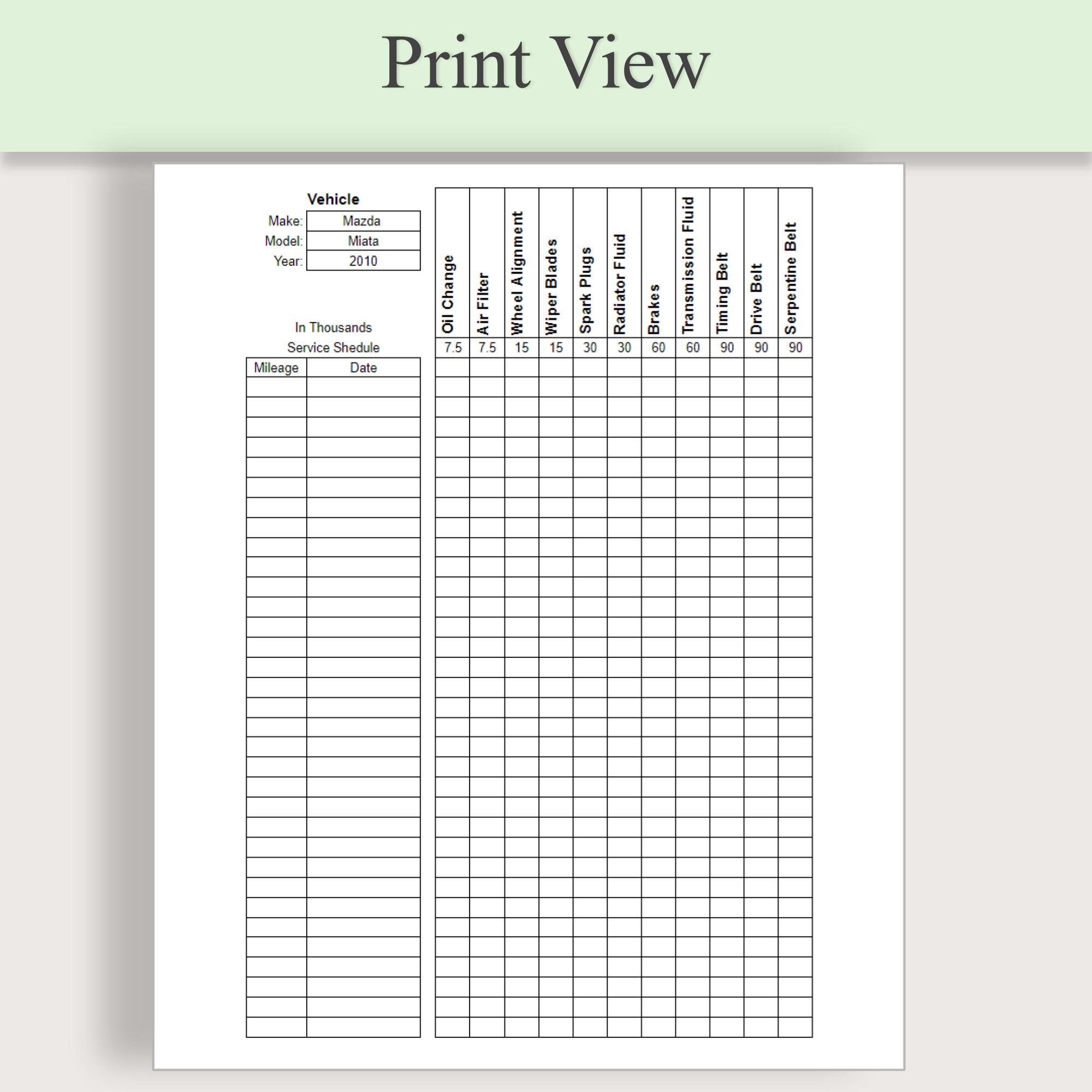 Printable Car Maintenance Log Google Sheet Auto Repair Tracker