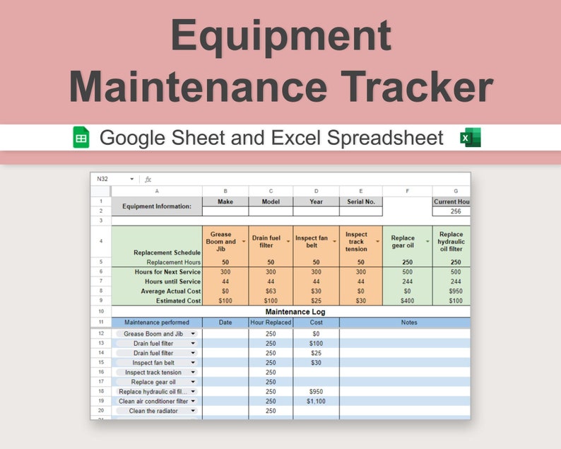 Equipment Maintenance Tracker Excel and Google Sheet - Etsy