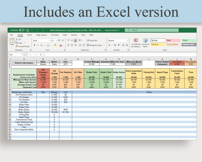 Car Maintenance Tracker Google Sheet and Excel Automotive Repair