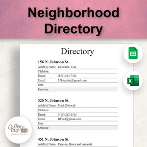 Fiche Google de l'annuaire du quartier | Contacts de quartier imprimables | Feuille de calcul Excel de l'annuaire HOA