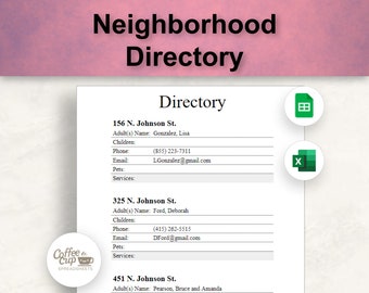 Neighborhood Directory Google Sheet | Printable Neighborhood Contacts | HOA Directory Excel Spreadsheet