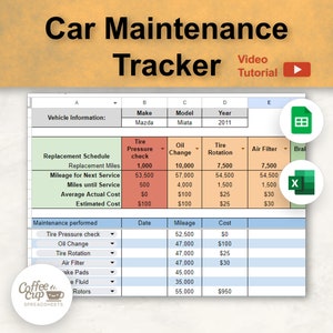 Car Maintenance Tracker Google Sheet and Excel | Automotive Repair Tracker Spreadsheet | Vehicle Maintenance Log | Maintenance Checklist