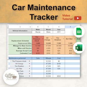 Car Maintenance Tracker Google Sheet and Excel | Automotive Repair Tracker Spreadsheet | Vehicle Maintenance Log | Maintenance Checklist