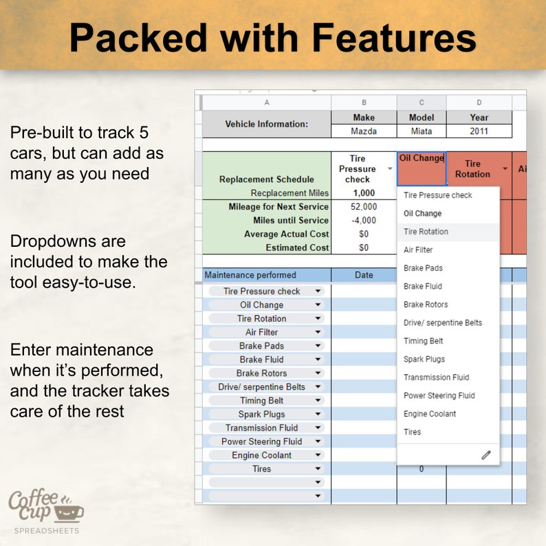 Car Maintenance Log, Vehicle Maintenance Checklist, automotive repair tracker, vehicle dashboard, car cost tracker, Auto repair excel, car maintenance book Google Sheet, Car Repair Tracker