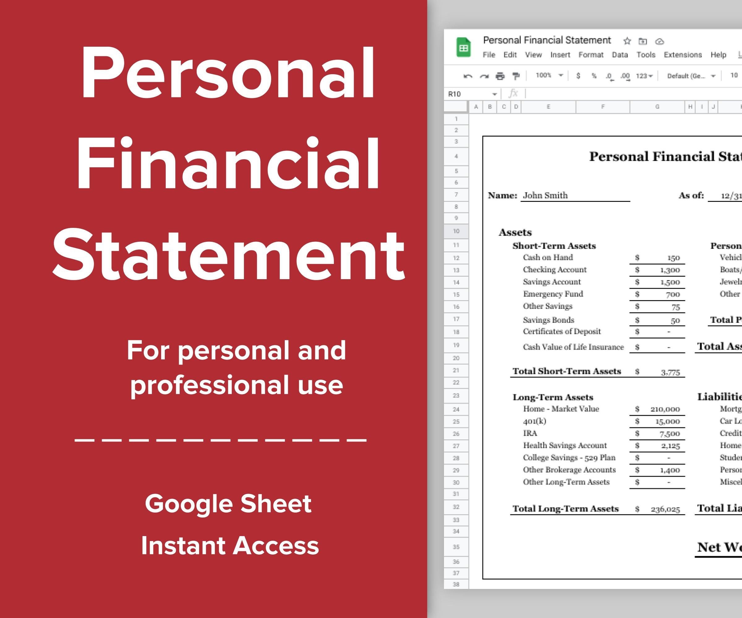Personal Financial Statement Google Sheet - Etsy Finland