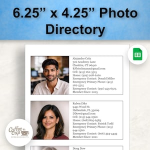 Puede incluir: Un directorio fotográfico impreso, 15.88 cm x 10.80 cm, con fotos de perfil e información de contacto. El directorio incluye nombres, direcciones, números de teléfono y direcciones de correo electrónico. El título "Photo Directory" se muestra en la parte superior.