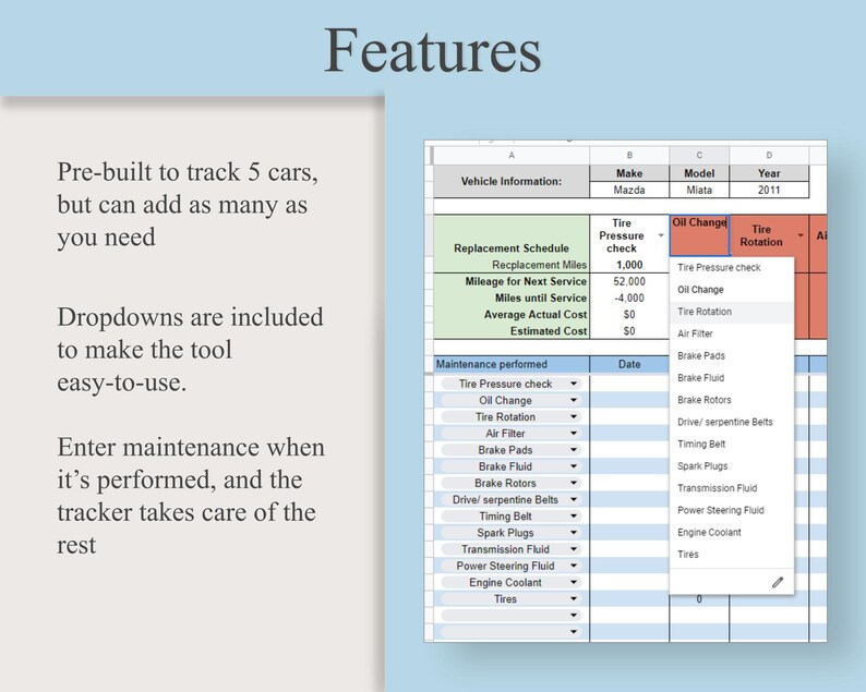 Car Maintenance Tracker Google Sheet and Excel Automotive Repair