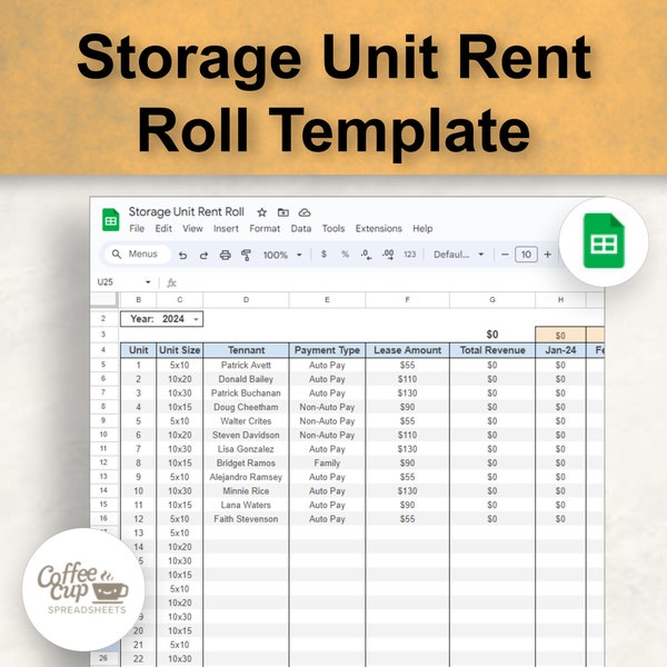 Self Storage Unit Rent Roll Google Sheet Template | Monthly Collections Tracker for Storage Unit Rental Business