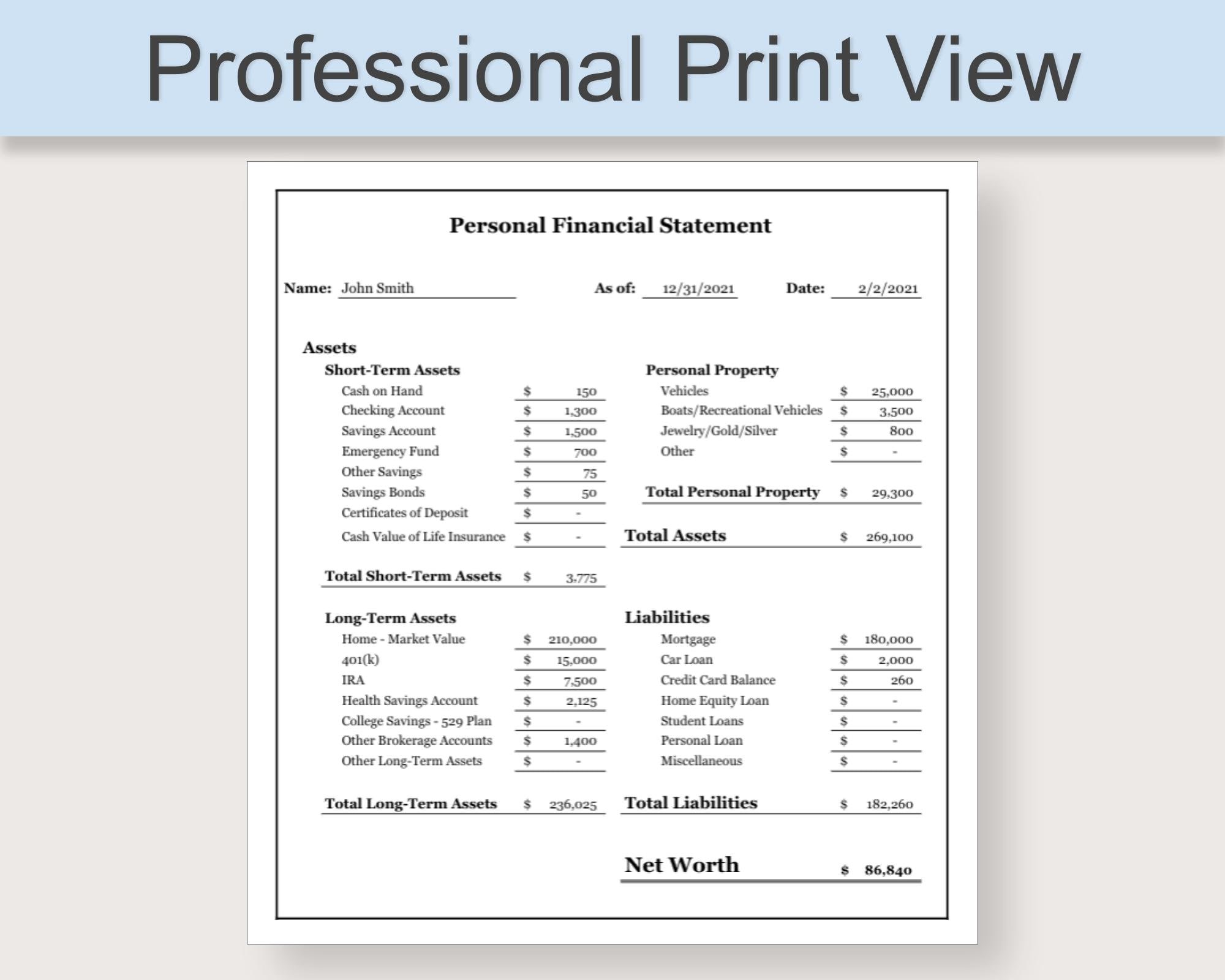 Personal financial statement excel template