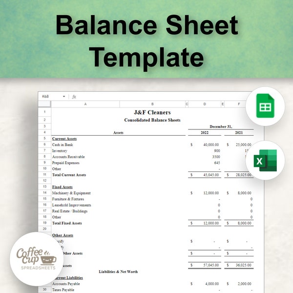 Balance Sheet Excel and Google Sheet Template | Small Business Balance Sheet Spreadsheet