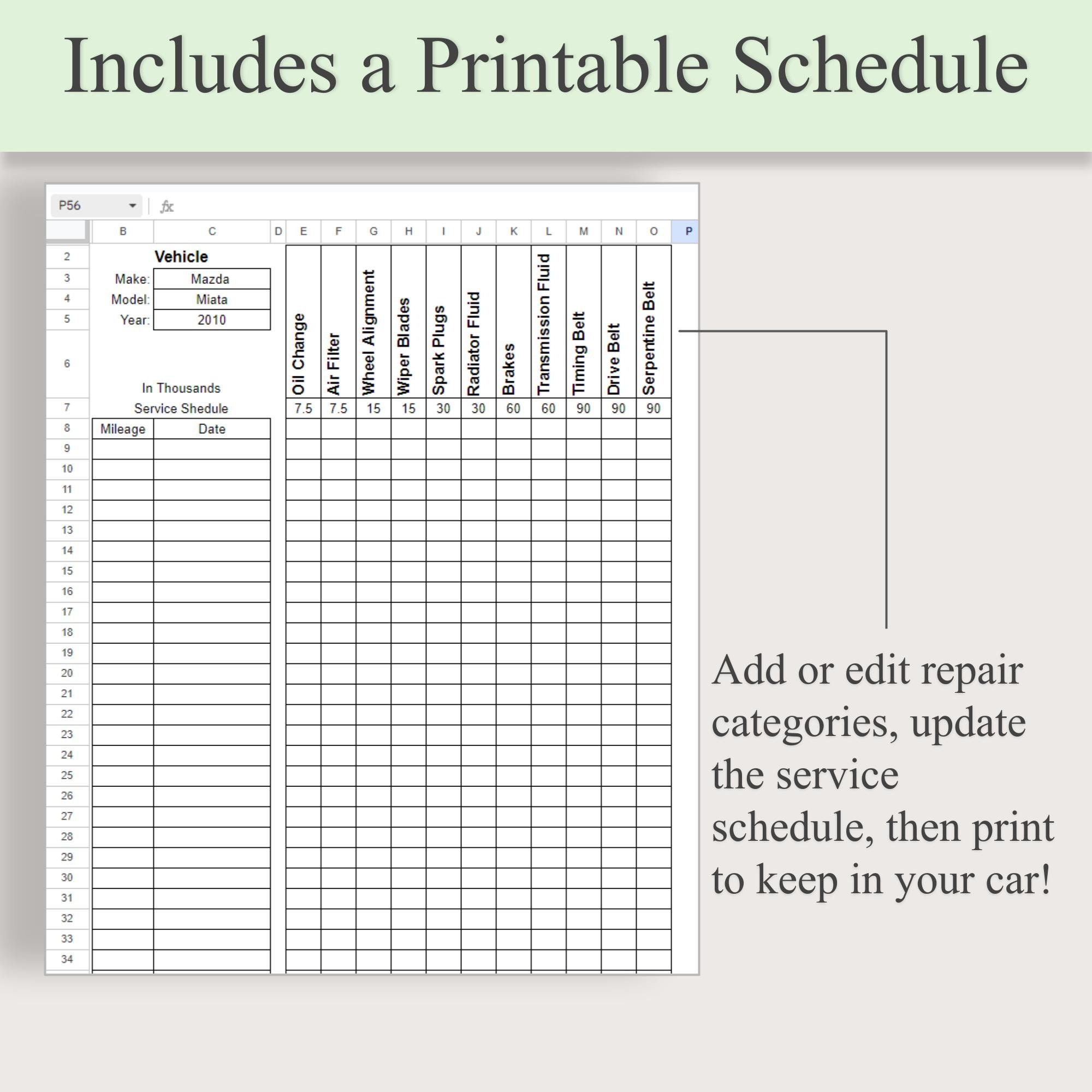 Printable Car Maintenance Log Google Sheet Auto Repair Tracker ...