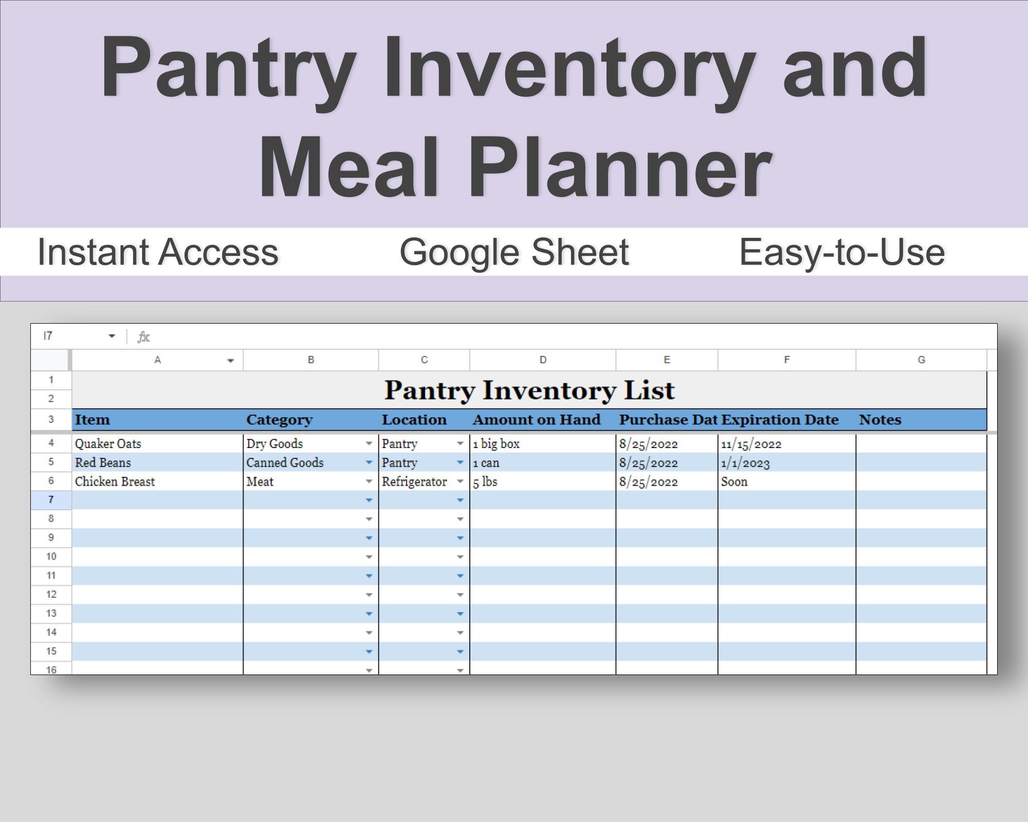 Pantry Inventory, Weekly Meal Planner, and Grocery List Google Sheet - Etsy