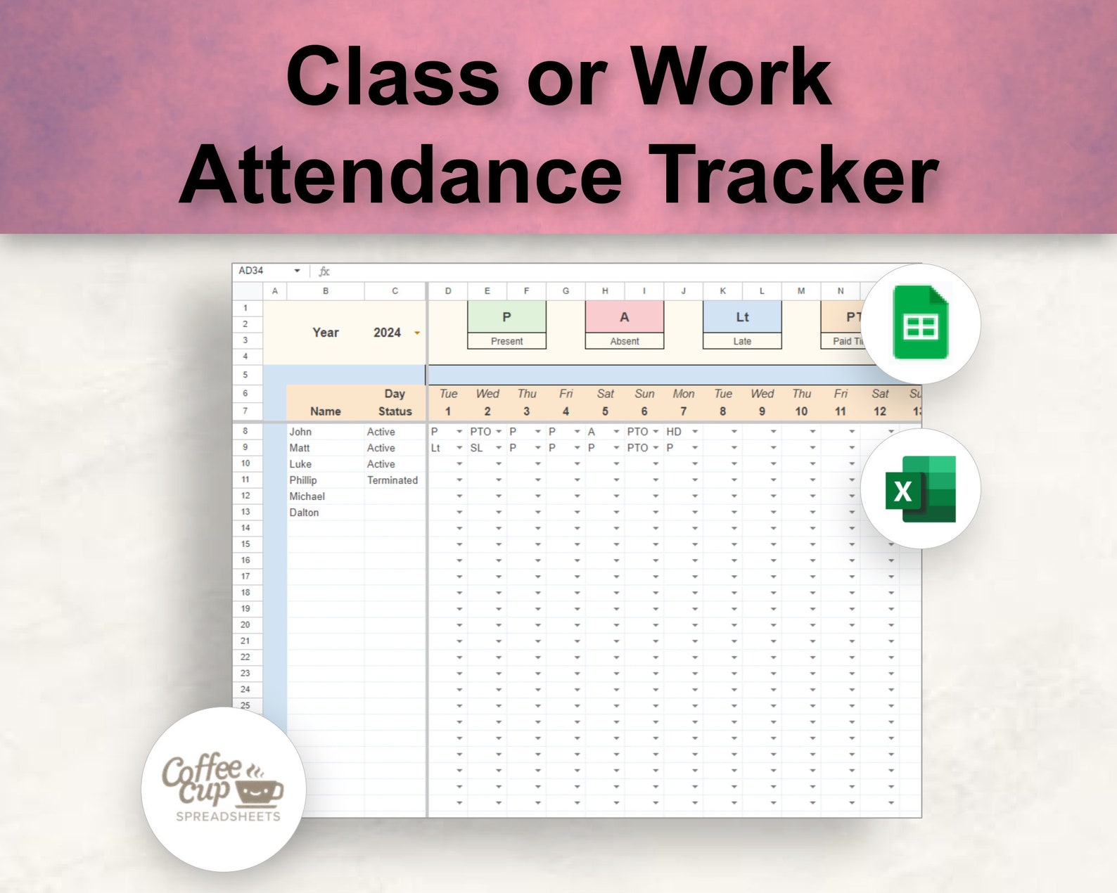 Employee or Class Attendance and Absence Tracker Google Sheet and Excel ...