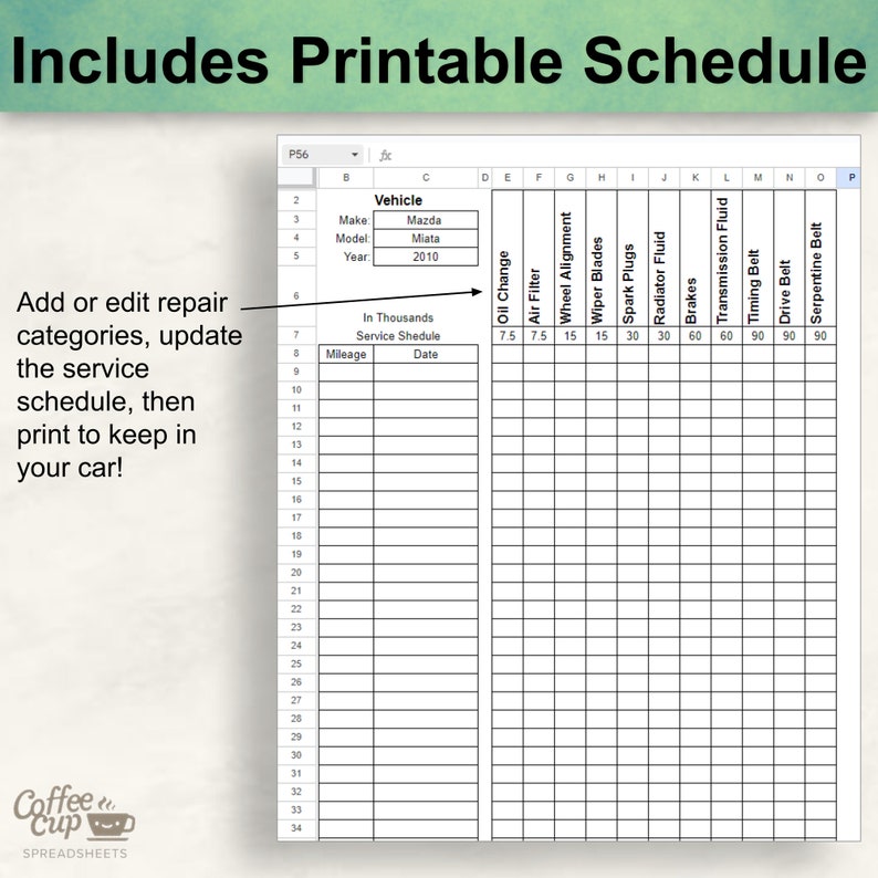 Printable Car Maintenance Log Google Sheet | Auto Repair Tracker ...