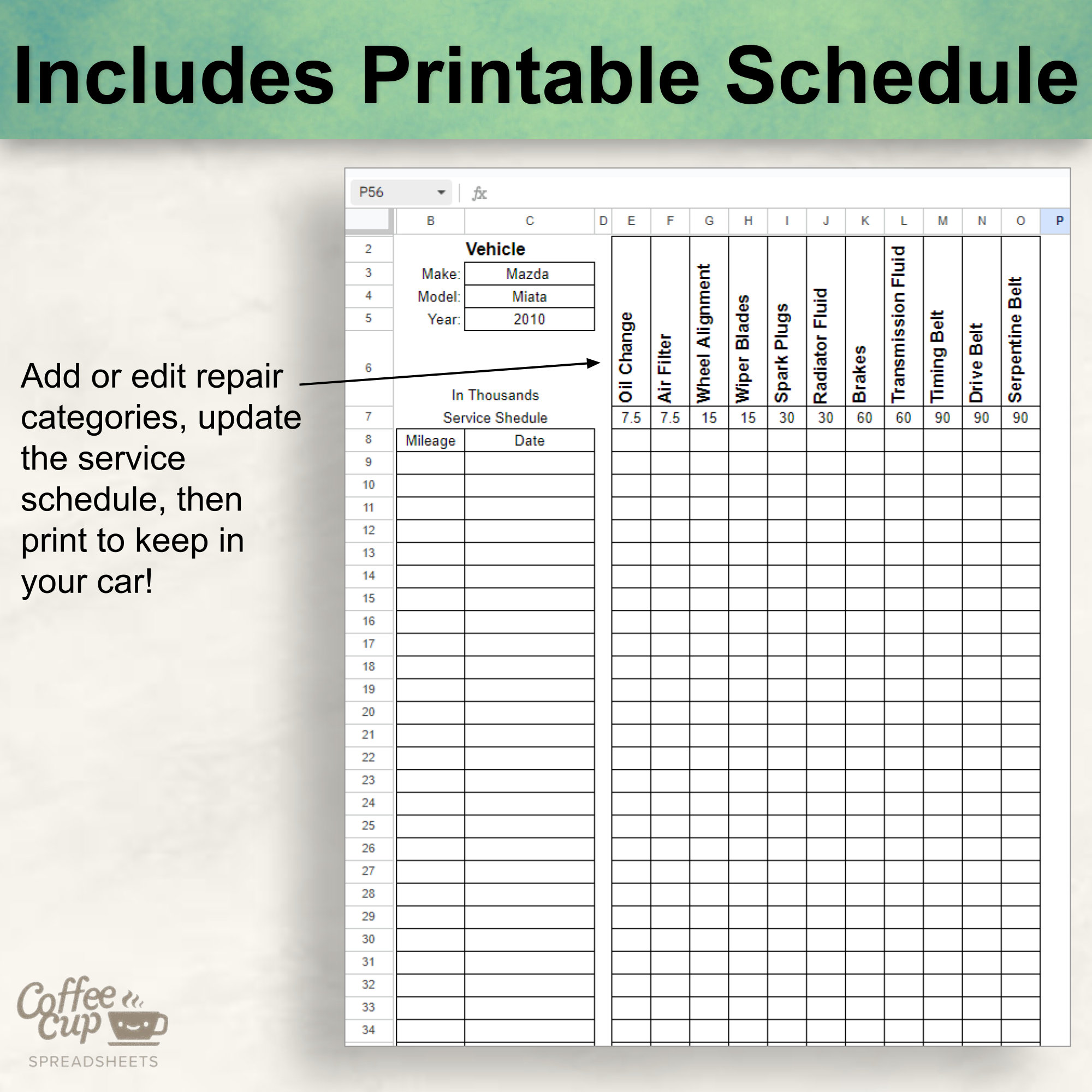 Printable Car Maintenance Log Google Sheet | Auto Repair Tracker ...