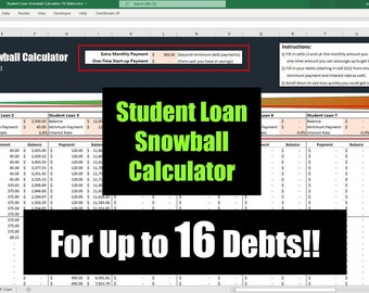 Student Loan Snowball Calculator 16 Debts | Student Loan Debt Snowball | Student Loan Snowball Excel Sheet | Student Loan Payoff Calculator