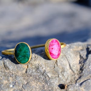 Handmade Emerald & Ruby Open Cuff Bracelet, Adjustable Gold Gemstone Bangle, Natural Birthstone Jewelry Gift for Women