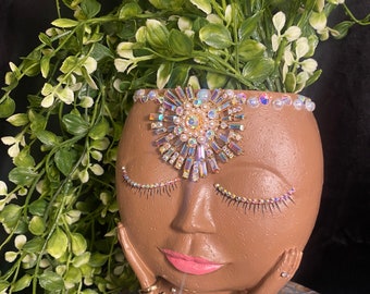 Bejeweled hand embellished face planter (recommended for indoor use)