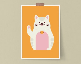 A3 Happy Cat Print - Cat art print, prints for cat lovers, art gift, cat wall art, home decor, fun artwork, lucky cat, cute cat gifts