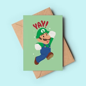 Yay Luigi, carte de vœux | Cadeau de jeu, cadeau Mario, cadeau Nintendo, cartes de joueur, joueur mignon, Super Mario, SNES, NES, Luigi Time