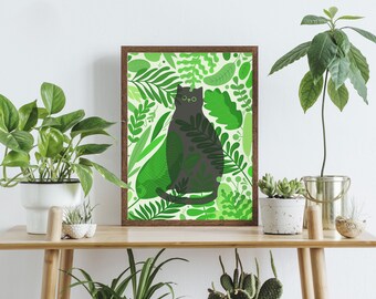 A3 Peeking Cat Print - Cat art print, prints for cat lovers, art gift, cat wall art, home decor, cat plants gift, plant gift, green artwork