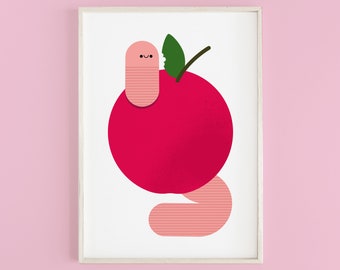 Happy Worm Munching Red Apple 'Giclée' Print | Fun and Playful Home Decor