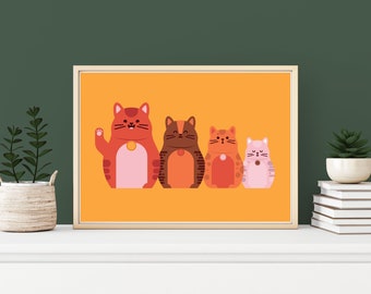 A3 Stacking Cats Print - Yellow, Cat art print, prints for cat lovers, art gift, cat wall art, home decor, birthday gift, plant gift