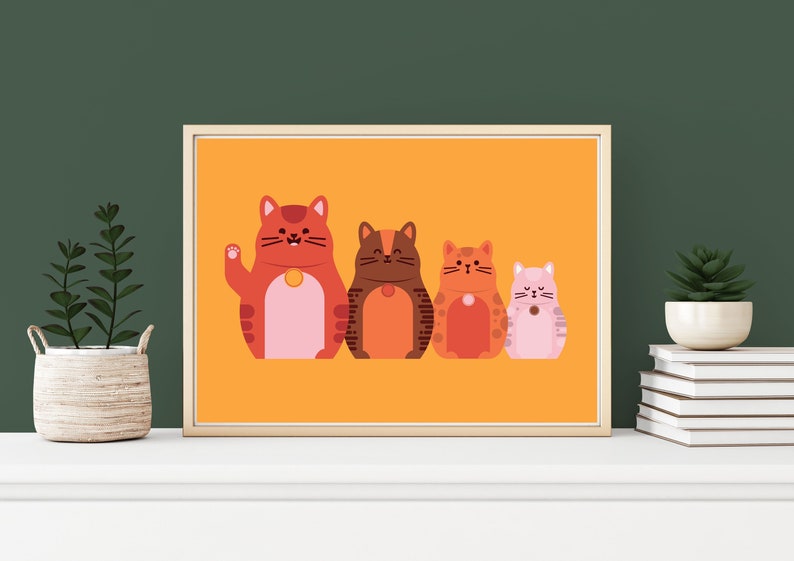 A3 Stacking Cats Print Yellow, Cat art print, prints for cat lovers, art gift, cat wall art, home decor, birthday gift, plant gift image 3