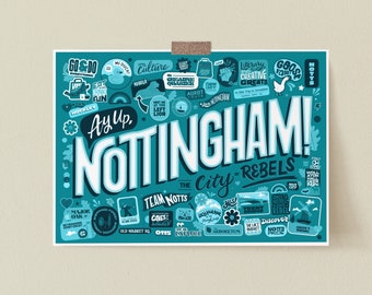 A3 Blue Nottingham Print, City Print, Home Decor, City Travel Print, UK Tourism Poster Print, Art For Home, Art Gift, Wall Decor