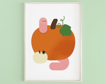 Cute Halloween Pumpkin Worm 'Giclée' Print - Fun and Whimsical Gift