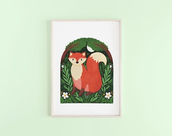 A4 Cute Fox Print - animal print, prints for animal lovers, art gift, fox wall art, home decor, animals gift, plant gift