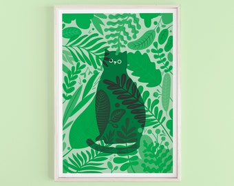 Impression de chat furtif A4 - Vert, impression d'art de chat, impressions pour les amoureux des chats, cadeau d'art, art mural de chat, décoration intérieure, cadeau de plantes de chat, cadeau de plante