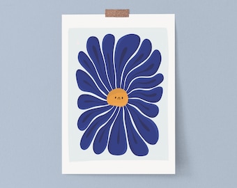 A3 Happy/Sad Blue Flower Wall Print | flower print. retro flower, sad flower poster, wall art. home decor, flowers, gifts for her, new home