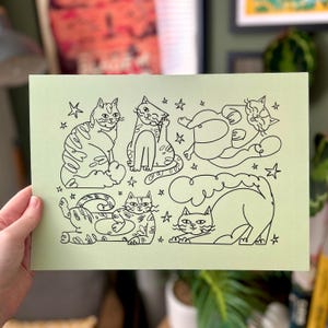 A4 Cat Art Print: Sage Green Starry Cat Lover Gift