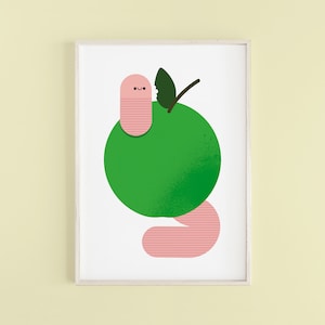 Green Apple Worm 'Giclée' Print | gifts for friends, new home gift, gamers, cute gifts, worms, home decor, cute prints, apple