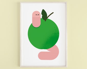 Green Apple Worm 'Giclée' Print | gifts for friends, new home gift, gamers, cute gifts, worms, home decor, cute prints, apple