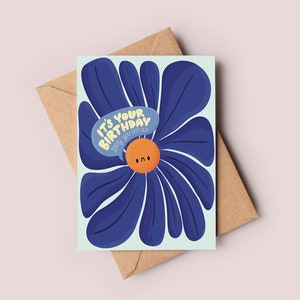 Tarjeta de cumpleaños divertida con flores tristes y florales: tarjeta linda, flores de cumpleaños, tarjeta colorida, cumpleaños brillante, flor triste, tarjeta divertida